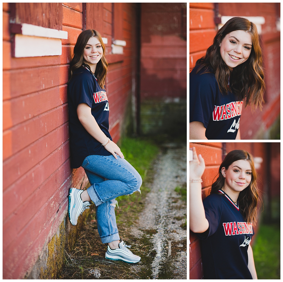 Rustic senior portraits in front of red barn at Ft. Stilly Photographed by Tacoma Senior Photographer Amanda Howse