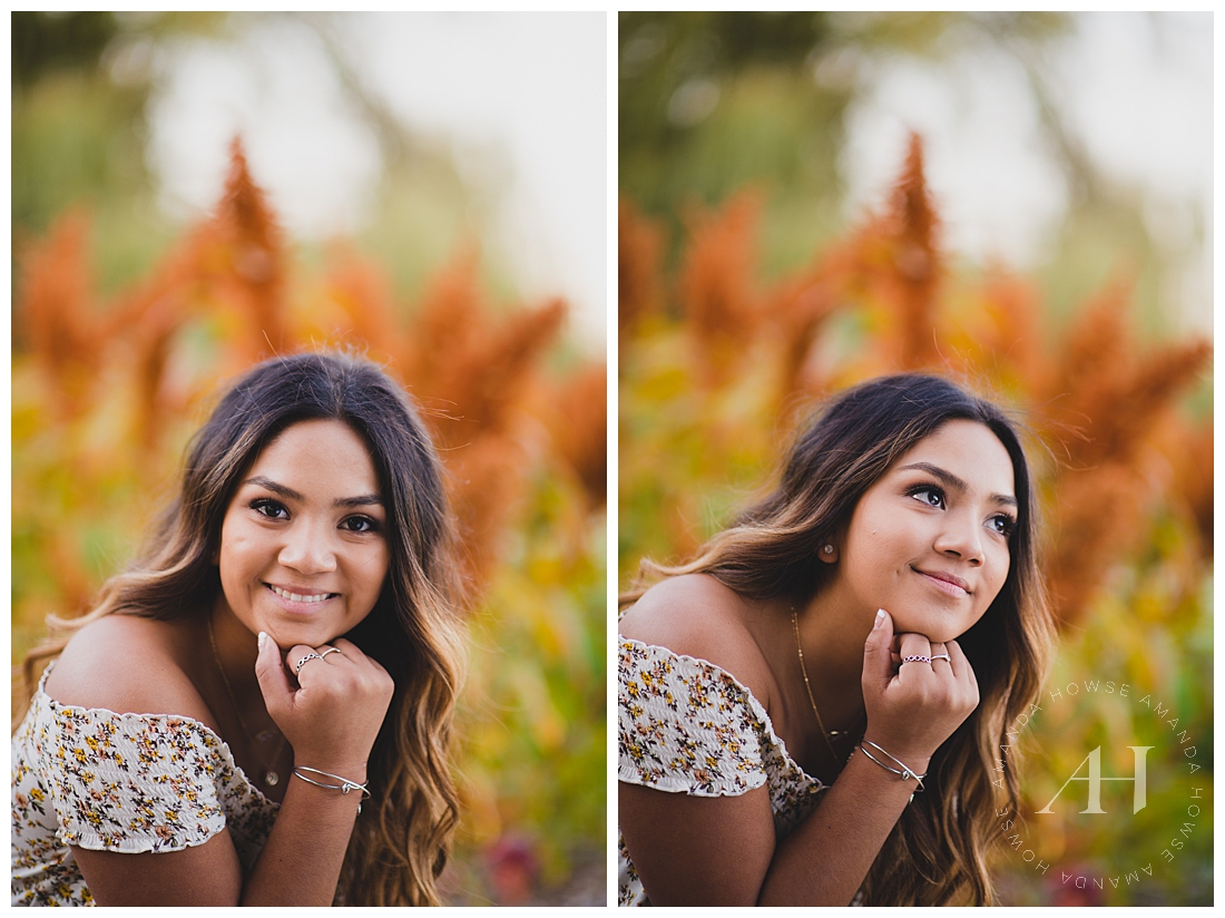 Late summer senior portraits with autumn colors and floral outfit inspo Photographed by Tacoma Senior Photographer Amanda Howse