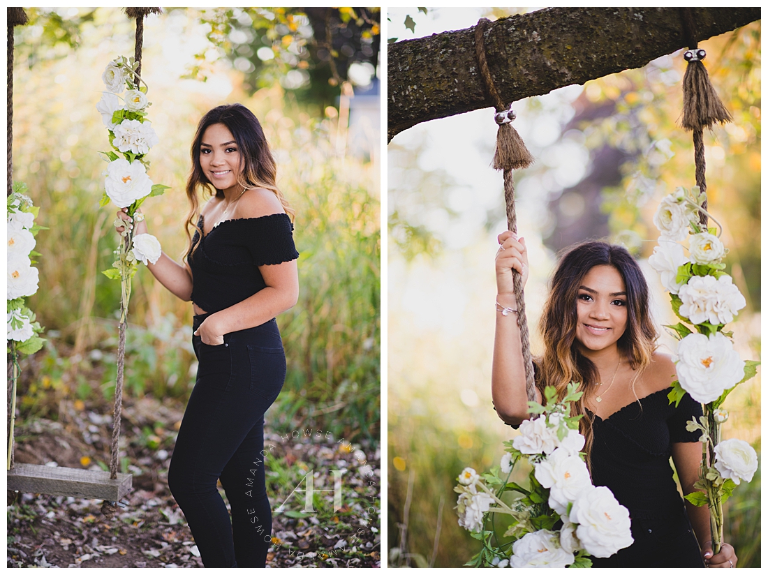 Cute senior portraits with floral swing and outfit inspo for high school senior girls Photographed by Tacoma Senior Photographer Amanda Howse