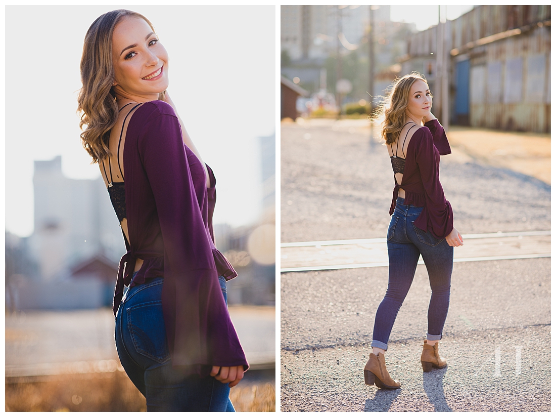 Urban senior portraits in downtown Tacoma with gorgeous light and fun outfit ideas photographed by senior photographer Amanda Howse