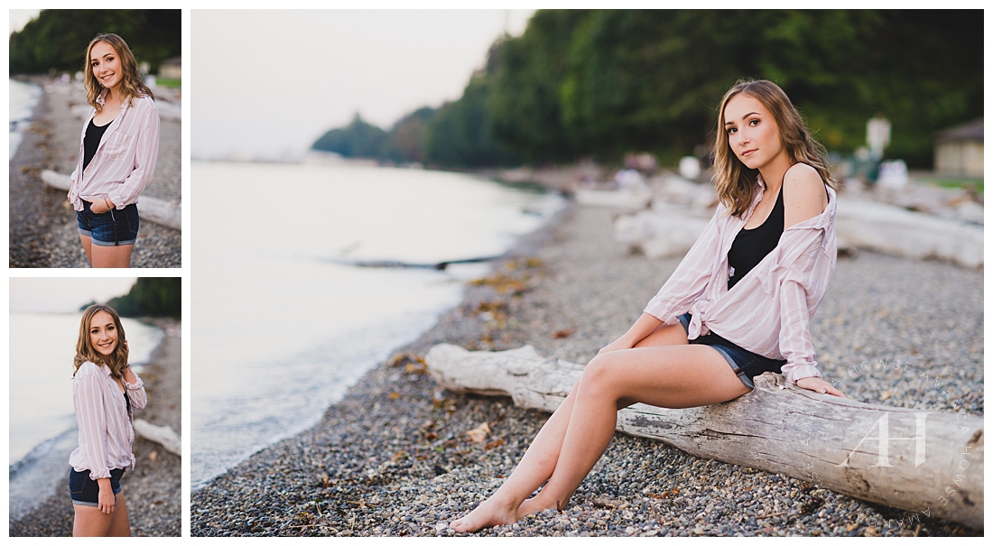 Owen Beach senior portraits with driftwood and casual outfit inspo photographed by Tacoma senior photographer Amanda Howse