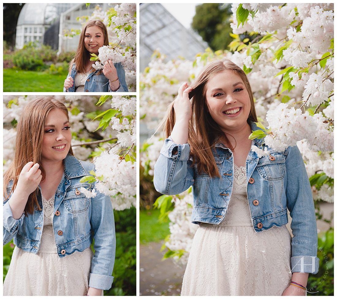 Fun Senior Portraits in Tacoma with White Flowers and Matching Dress Photographed by Tacoma Senior Photographer Amanda Howse