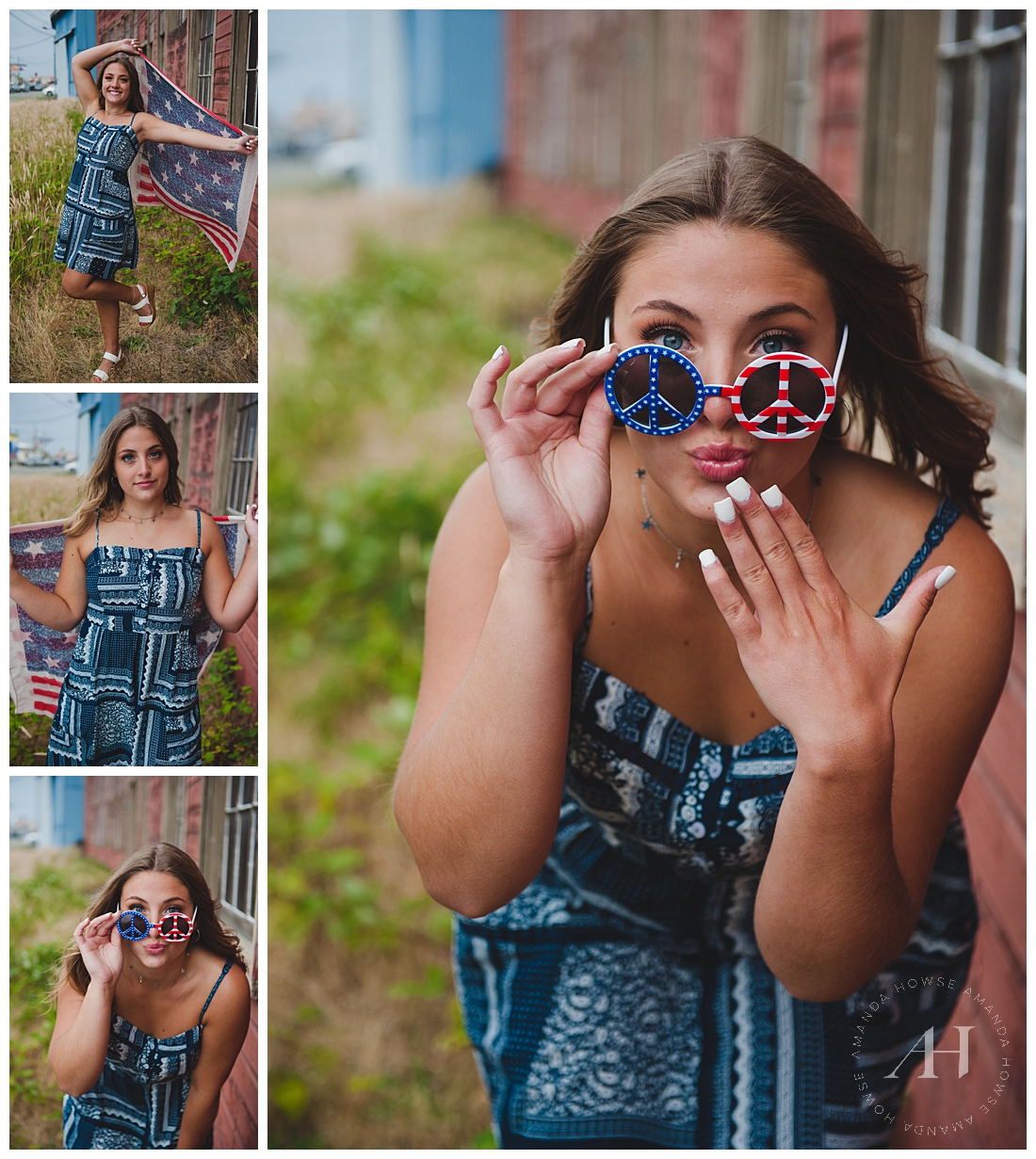 Cute USA Themed Senior Portraits with American Flag Peace Sign Glasses | Photographed by Tacoma Senior Photographer Amanda Howse