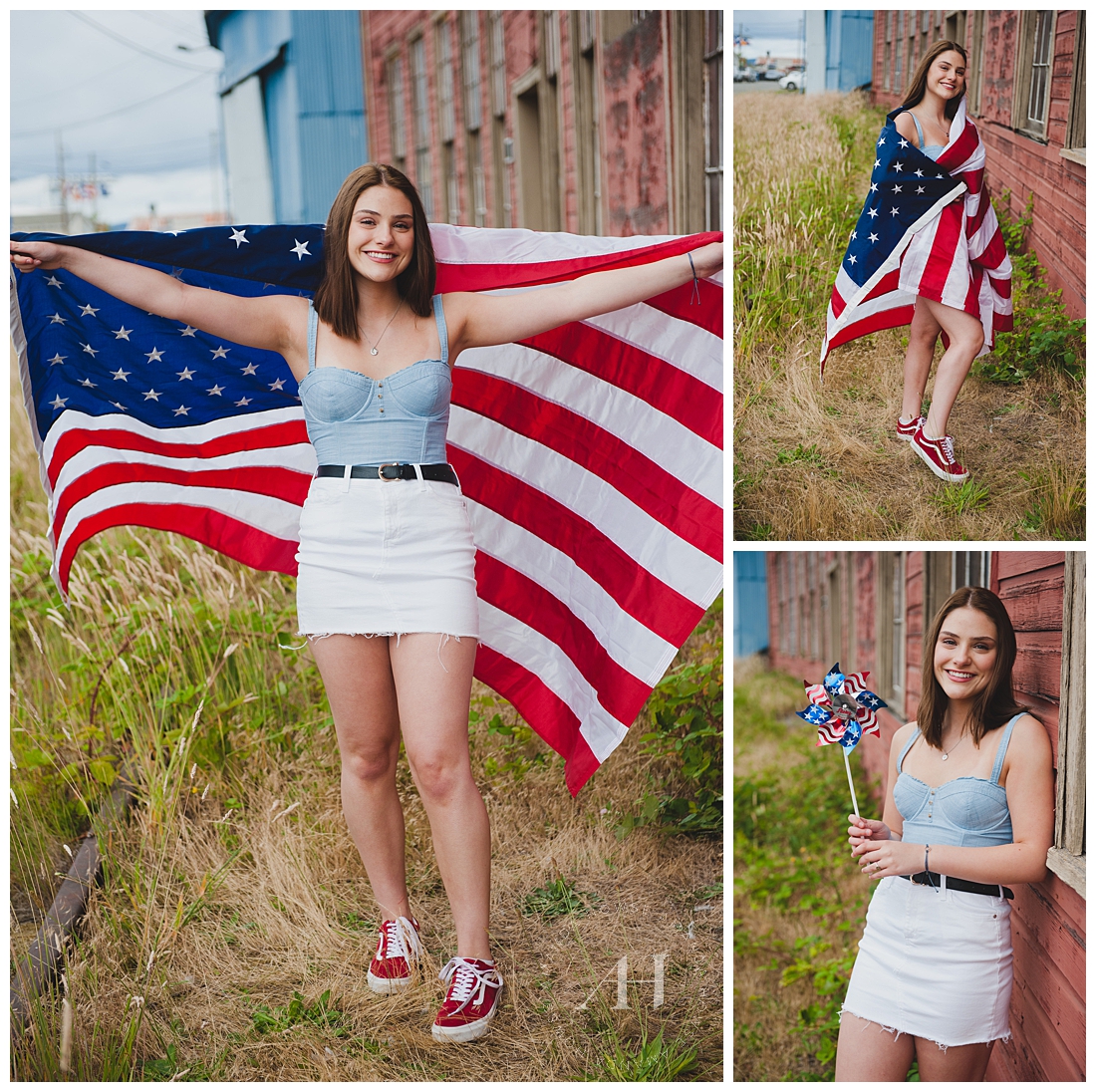 High School Senior in Blue Corset and White Skirt Holding the American Flag | Photographed by Tacoma Senior Photographer Amanda Howse