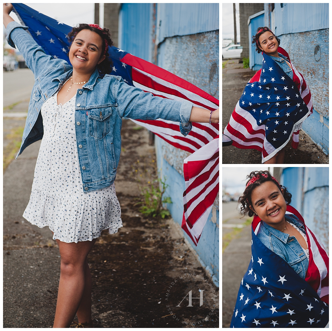 Cute Summer Outfits with White Dress and Jean Jacket | High School Senior Girl Holding an American Flag | Photographed by Tacoma Senior Photographer Amanda Howse