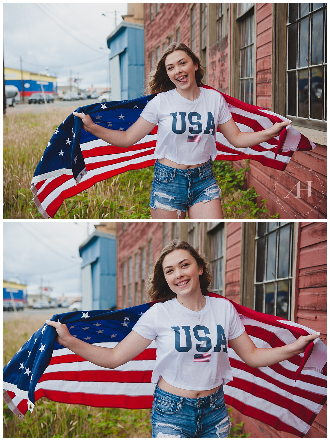 High School Senior Girl with USA T-Shirt and American Flag for July 4th Photoshoot | Photographed by Tacoma Senior Photographer Amanda Howse