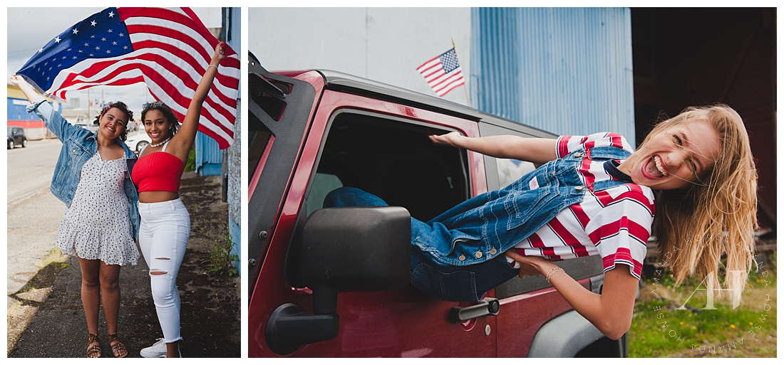 4th of July Senior Portraits with American Flag and Red Jeep | Photographed by Tacoma Senior Photographer Amanda Howse