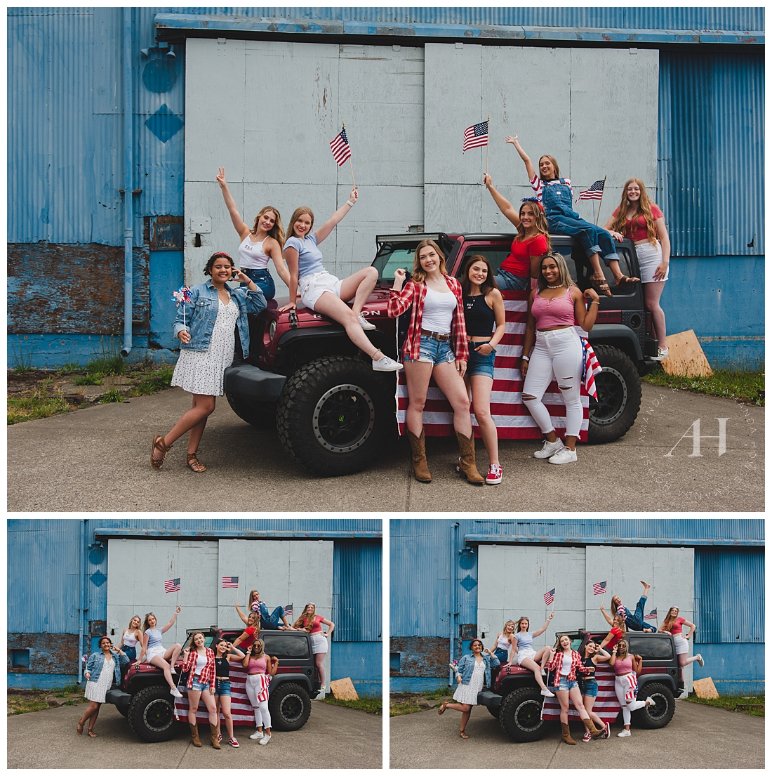 High School Senior Portraits Group Session Posing with Red Jeep | Photographed by Tacoma Senior Photographer Amanda Howse