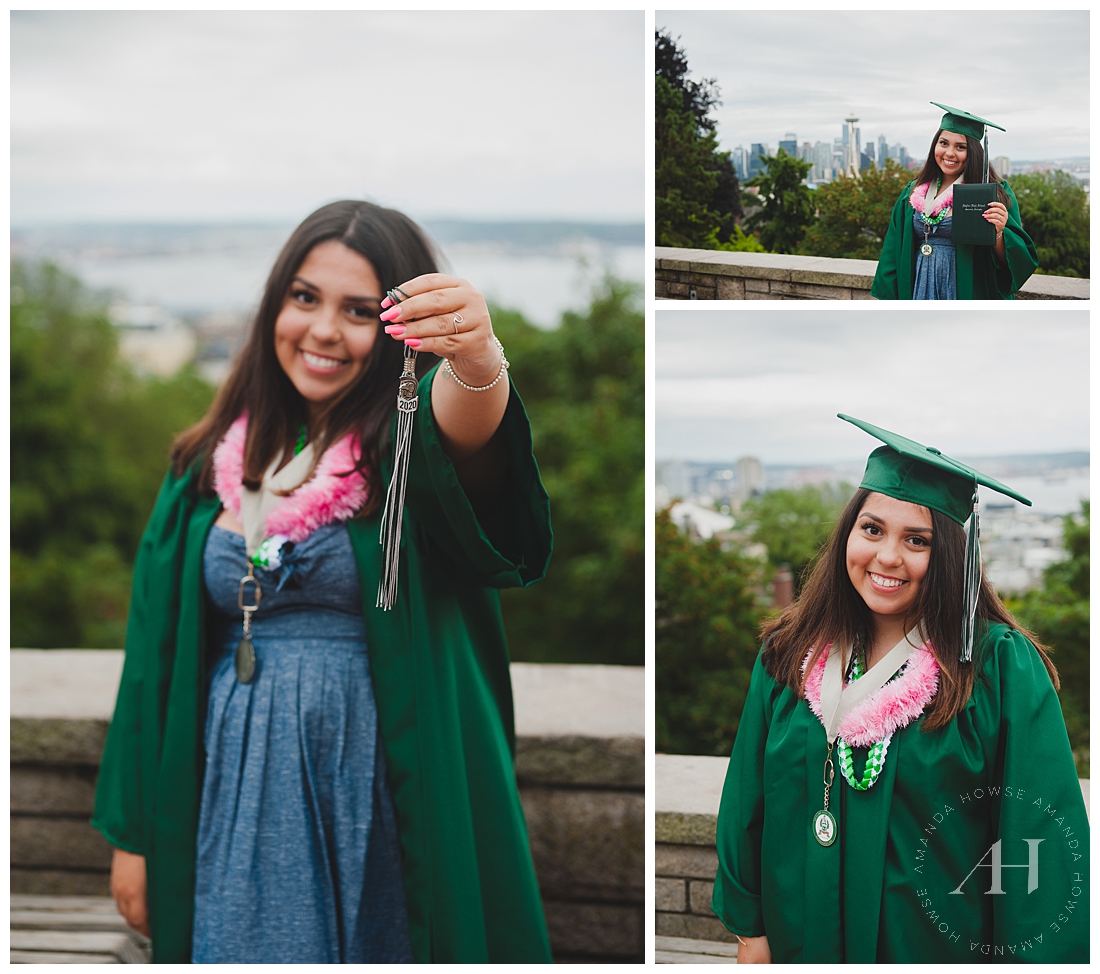 Tacoma Senior Cap and Gown Portraits | Green Cap and Gown with Graduation Outfit Ideas | Photographed by Tacoma Senior Photographer Amanda Howse