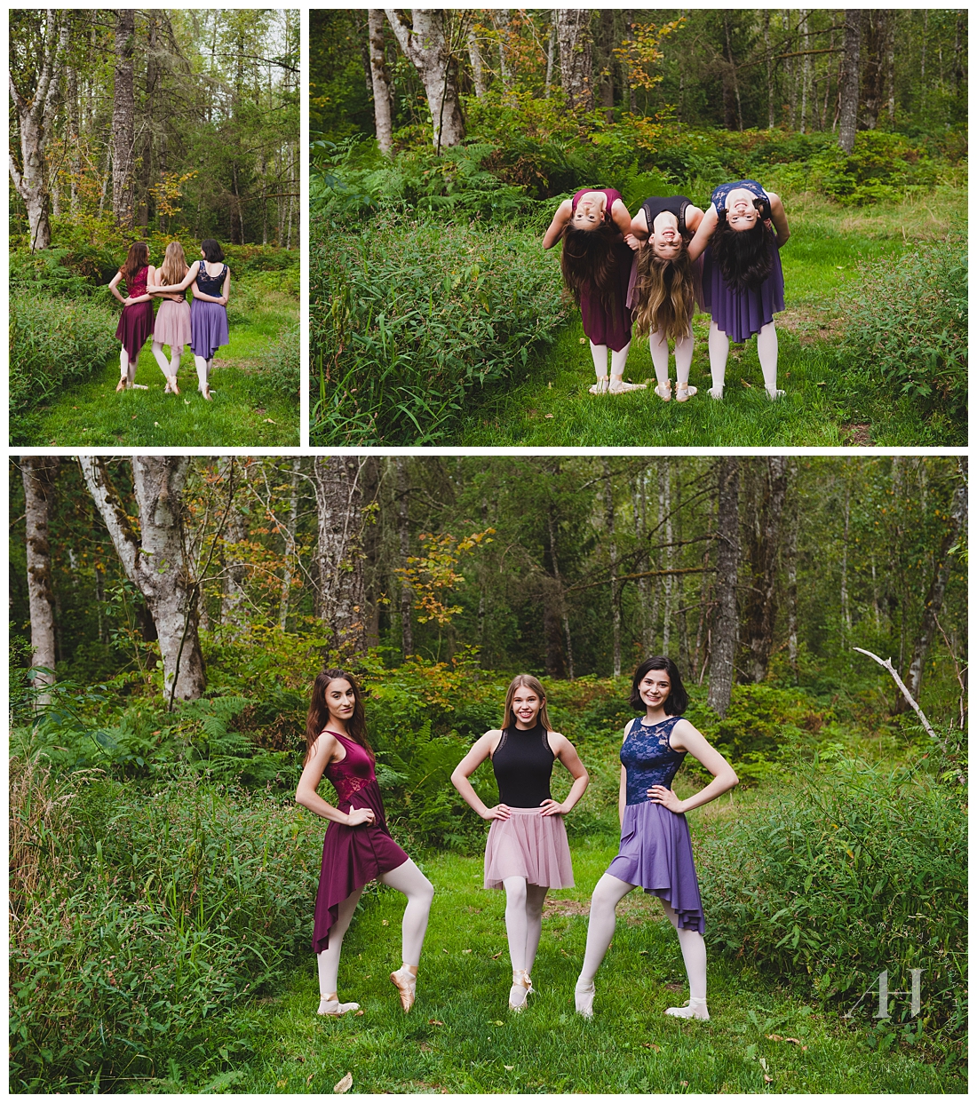 Ballerinas in Purple Costumes Posing in the Forest | Ballerina Portrait Sessions Photographed by Tacoma Senior Photographer Amanda Howse