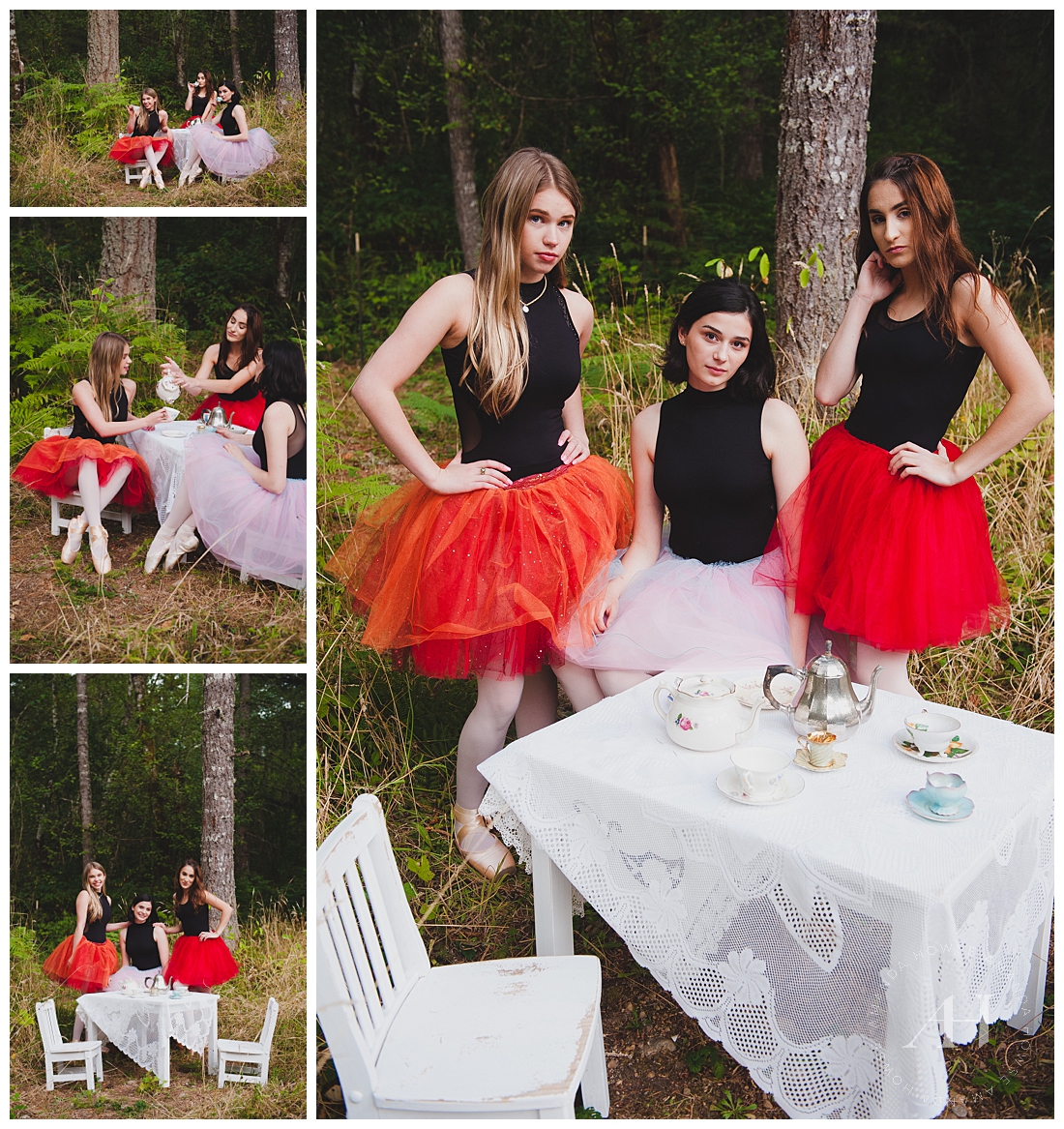 Woodland Tea Party with Ballerinas in Red Tutus | Photographed by Tacoma Senior Photographer Amanda Howse