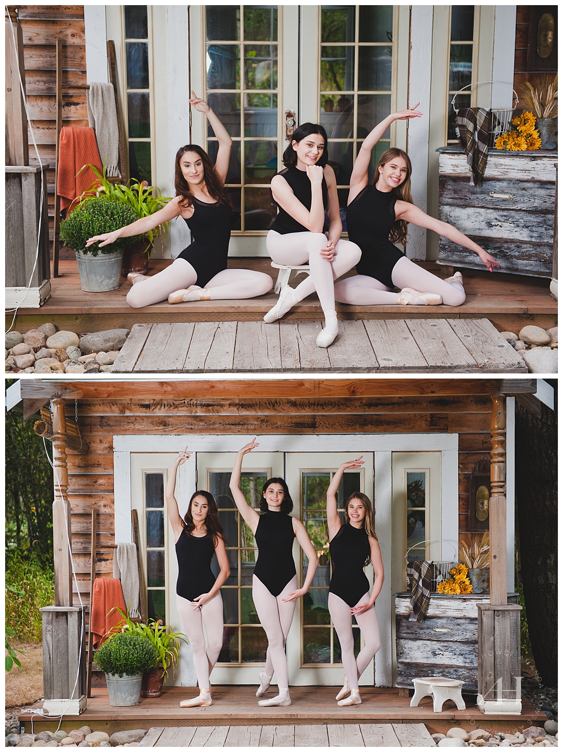 Mud Wall Farm House Photos with Three Ballerinas in Matching Leotards and Tights | Ballerina Portrait Sessions Photographed by Tacoma Senior Photographer Amanda Howse