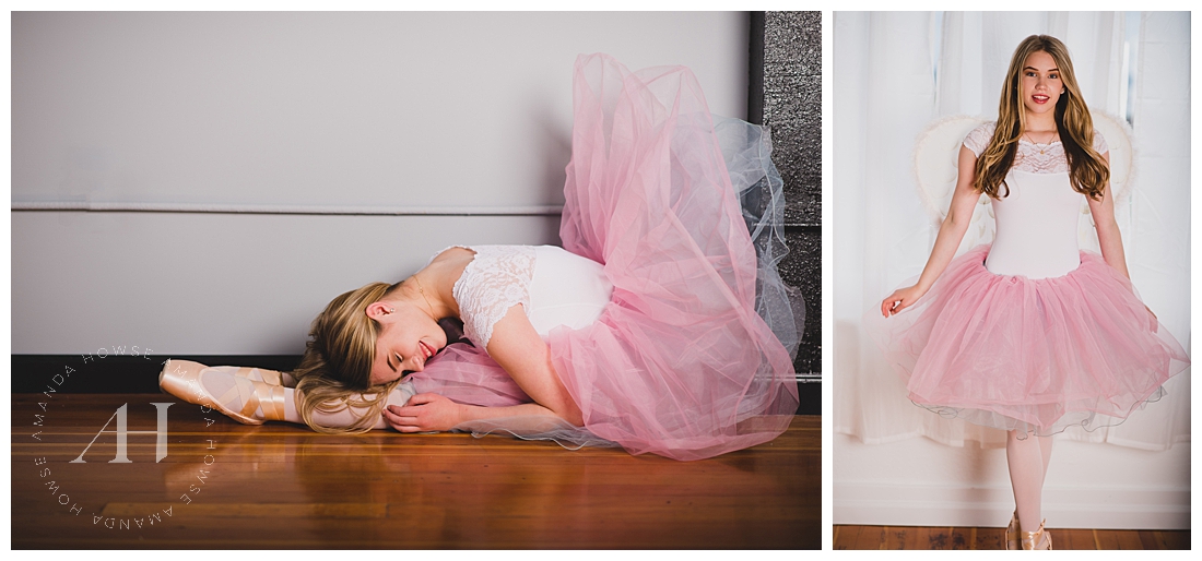 Studio Portraits of Ballerina with White Lace Leotard and Pink Tutu | Ballerina Portrait Sessions Photographed by Tacoma Senior Photographer Amanda Howse