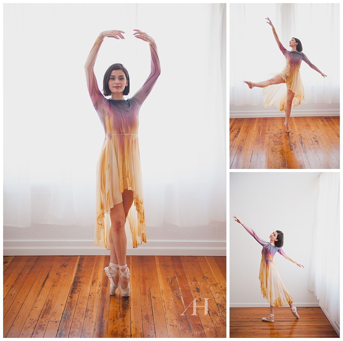 Ballerina Wearing Flowy Yellow Dress for Modern Studio Portraits in Tacoma | Senior Photographer Amanda Howse