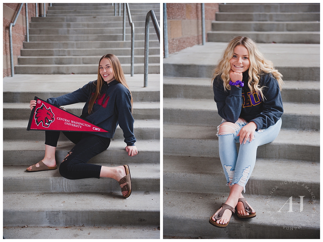 Modern Senior Portraits with College Pennant Flag and Attire on the Steps | Photographed by Amanda Howse