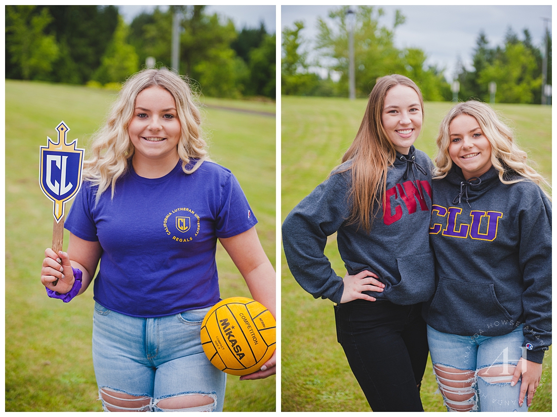 Cute Senior Portraits in College Spirit Wear with Athletic Props | Photographed by Tacoma Photographer Amanda Howse