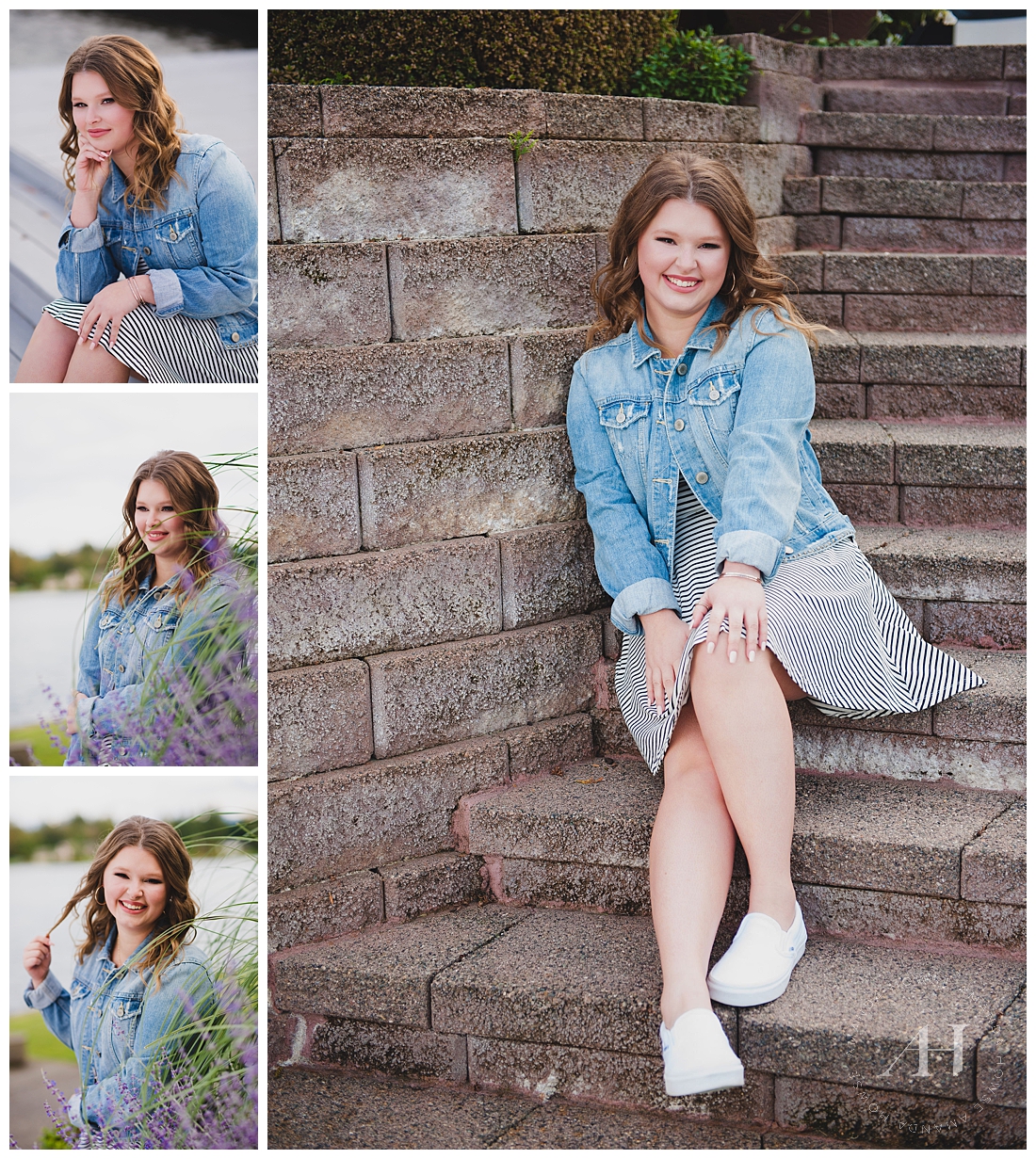 Late Summer Senior Portrait Outfit Ideas | Short Striped Dress with Classic Jean Jacket | Photographed by Amanda Howse