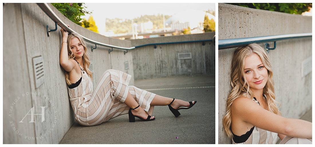 Modern Senior Portraits with Black Heels and Striped Jumpsuit | Photographed by Amanda Howse