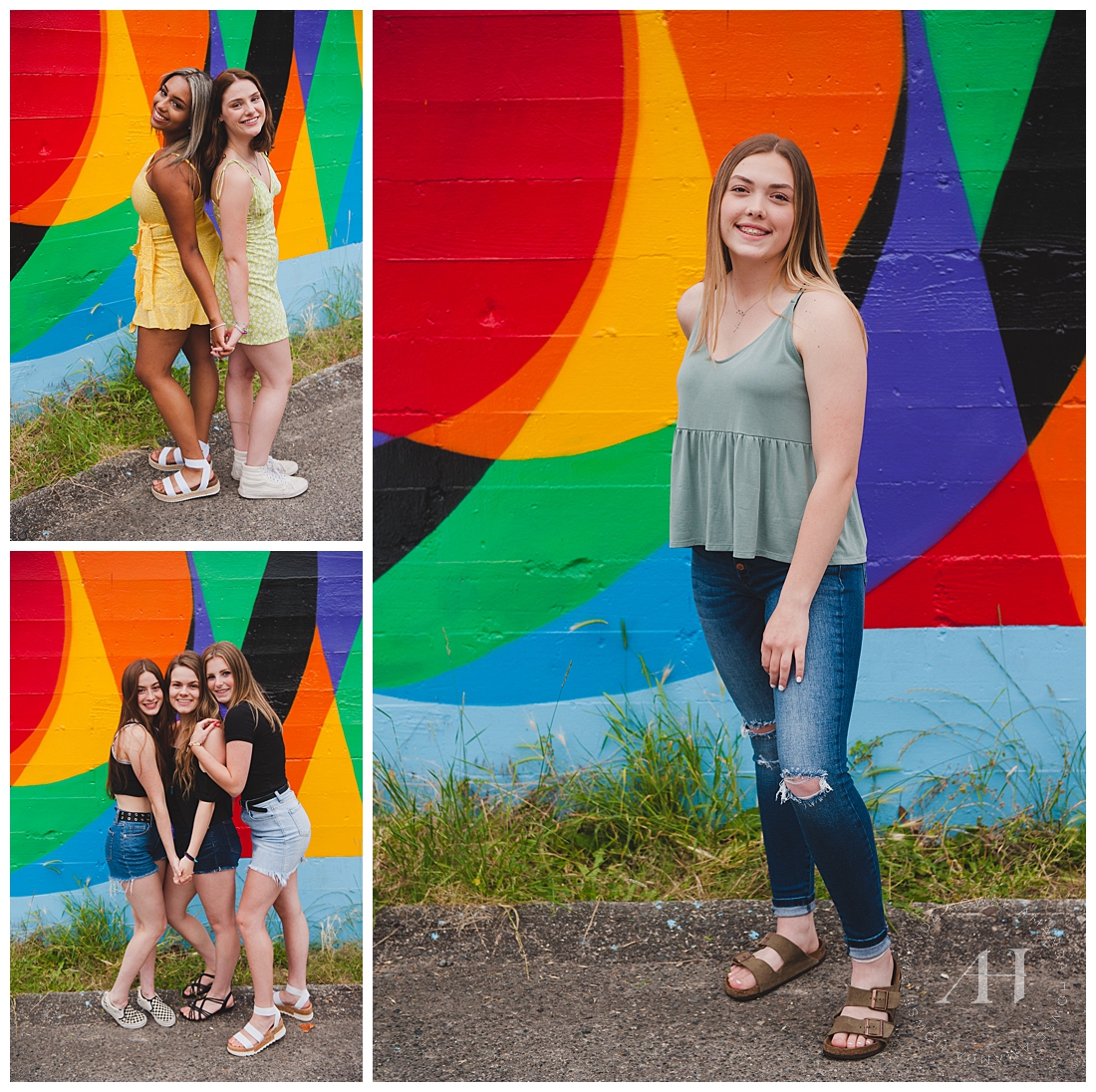 Casual senior portraits with friends in front of Tacoma mural photographed by high school senior photographer Amanda Howse
