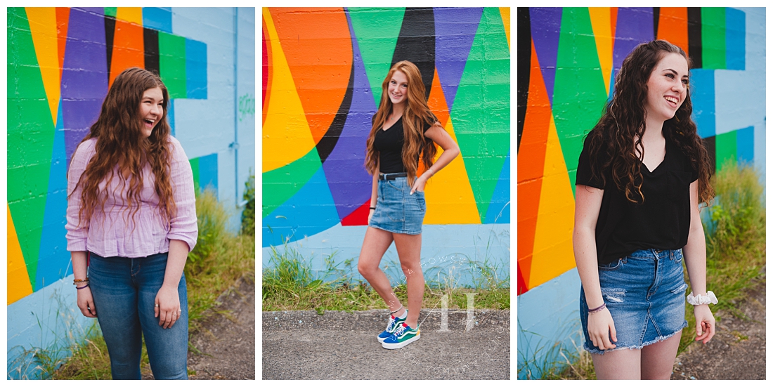 Individual senior portraits of high school girls in front of colorful city mural photographed by Amanda Howse