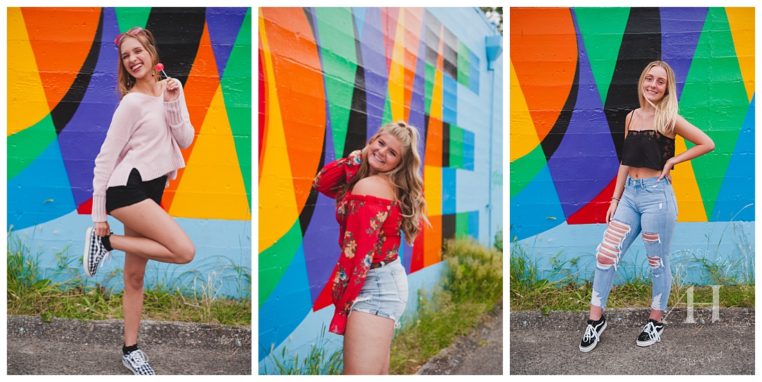 Fun senior portraits in front of a mural | Photographed by the best Tacoma senior photographer Amanda Howse