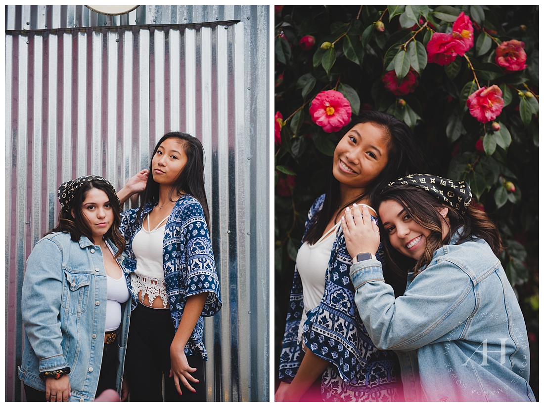 Senior portrait outfit ideas and guide to accessorizing from Tacoma's best senior photographer Amanda Howse | BFF senior portrait session with coordinated outfits 