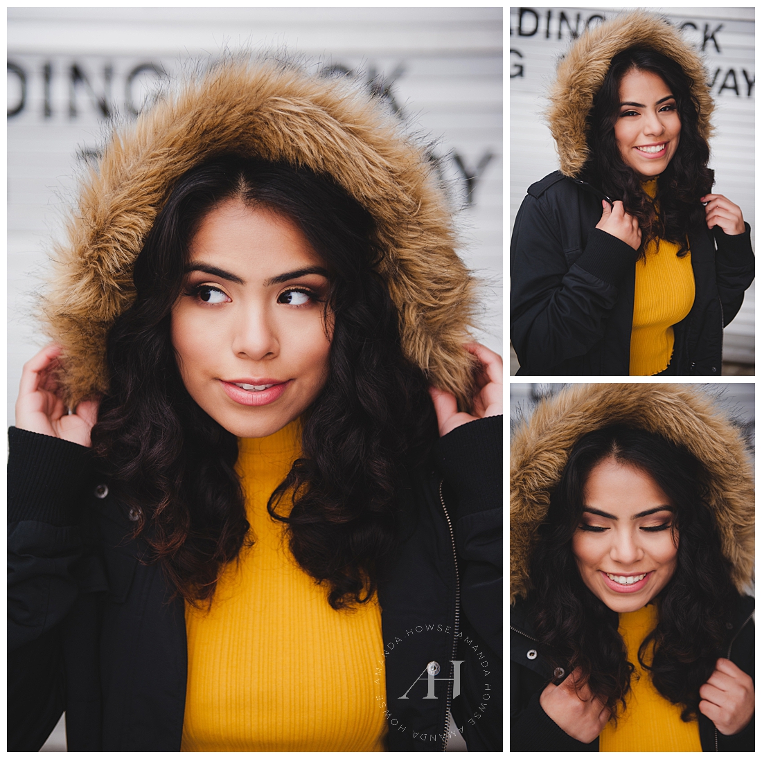 Winter Senior Portraits with Cute Fur-Trimmed Parka and Yellow Top | Photographed by Tacoma Senior Photographer Amanda Howse
