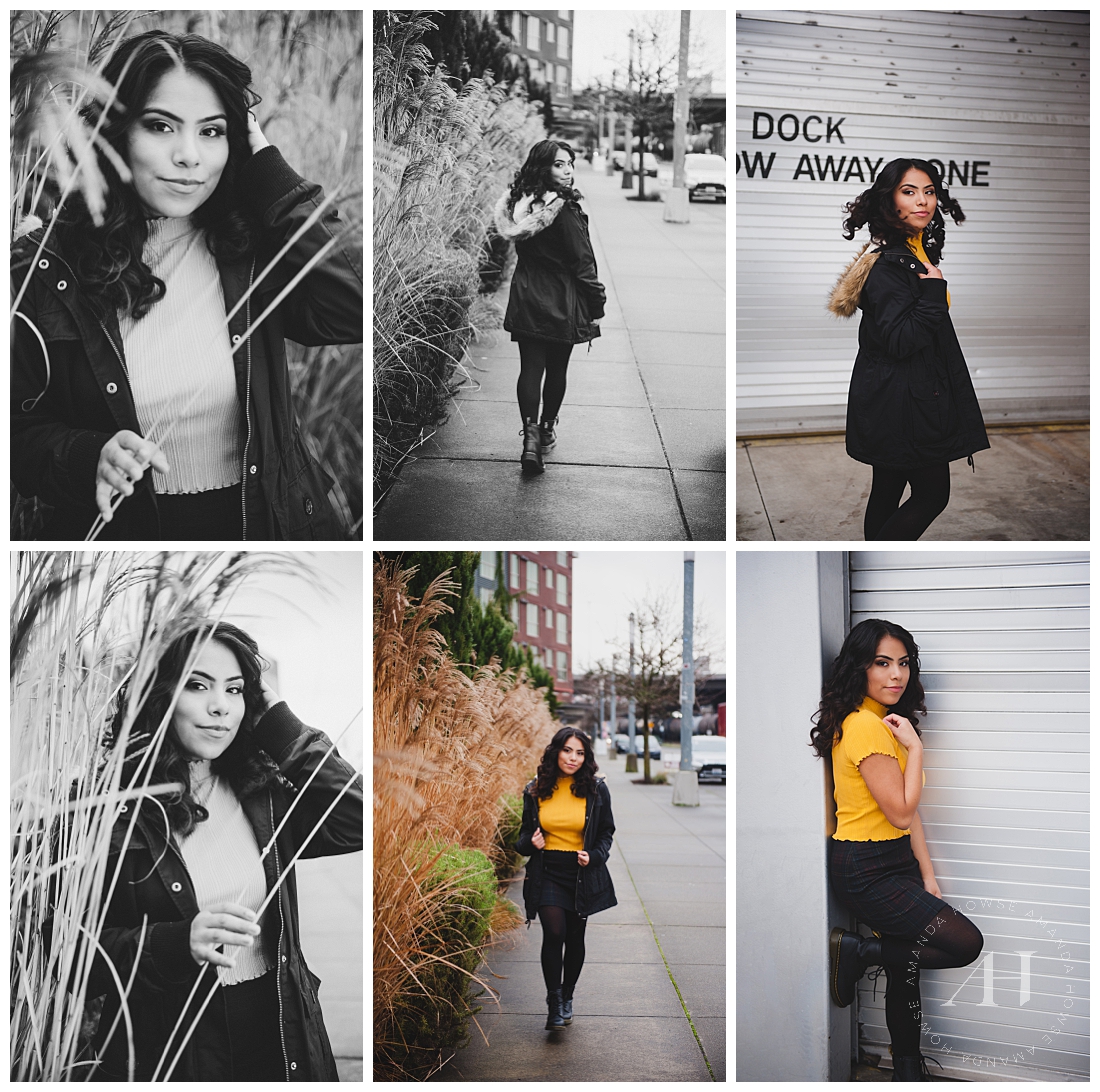 Fun Senior Portrait with Pose Ideas | Senior Girl in Yellow Shirt and Winter Coat | Photographed by Amanda Howse