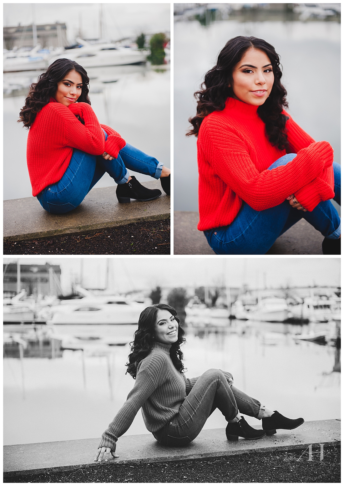 Tacoma Waterfront Senior Portraits with Bold Red Sweater and Overcast Skies | Photographed by Tacoma Senior Photographer Amanda Howse