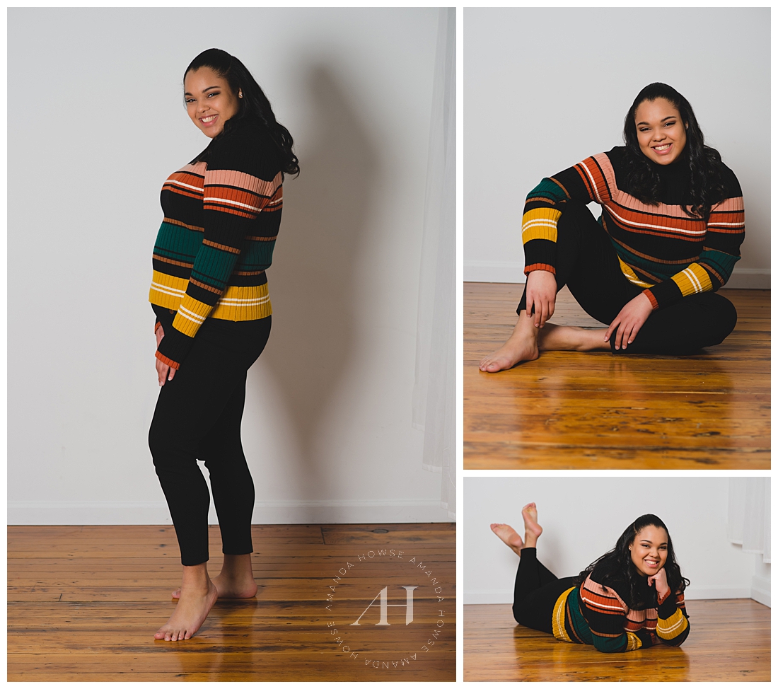 Indoor Tacoma Studio for Senior Portraits | High School Senior Girl in Striped Sweater and Black Leggings | Casual Outfit Inspo | Photographed by Tacoma Senior Photographer Amanda Howse