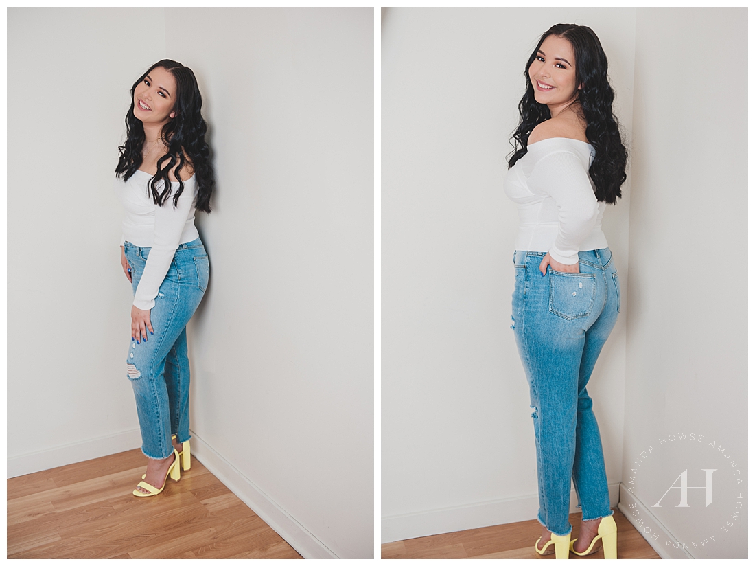 Casual Senior Portraits | The Best Outfit for Senior Portraits: Classic White Blouse and Tailored Jeans with Yellow Heels | Photographed by Amanda Howse