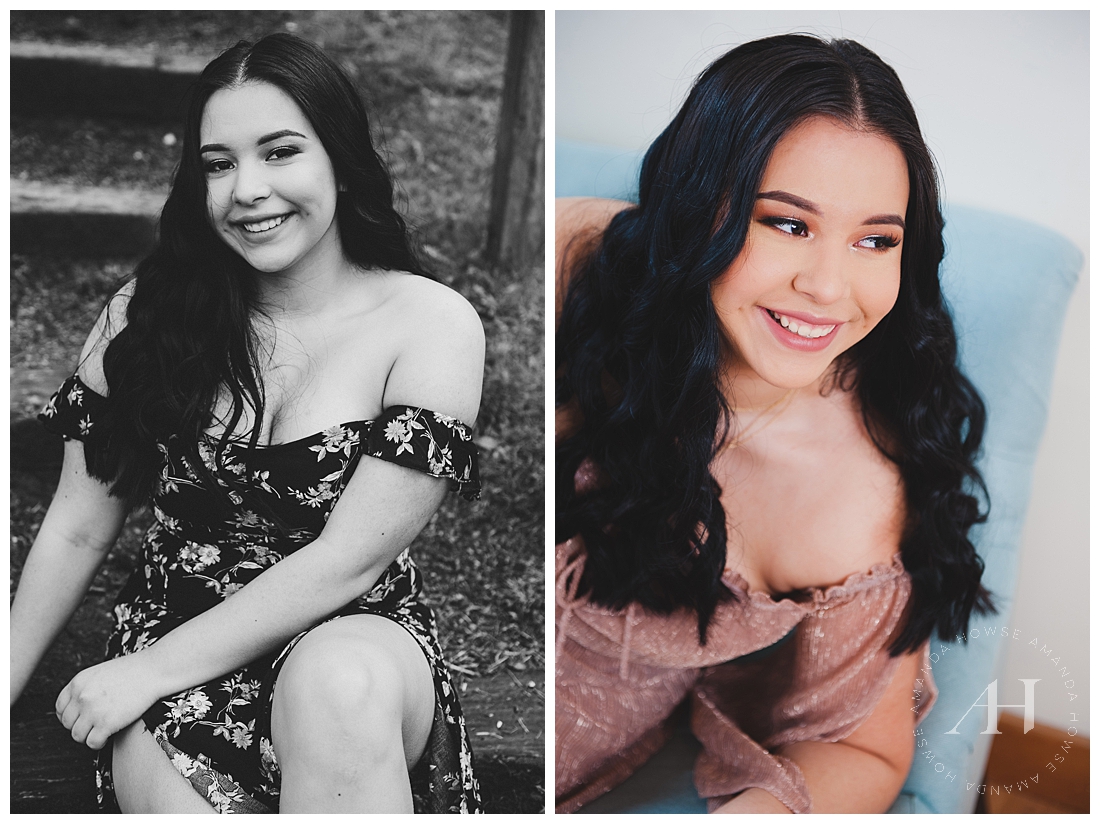 Gorgeous Senior Portraits with Off the Shoulder Outfits and Smiling Senior Girl | Point Defiance Spring Senior Portrait Session | Photographed by Tacoma Senior Photographer Amanda Howse