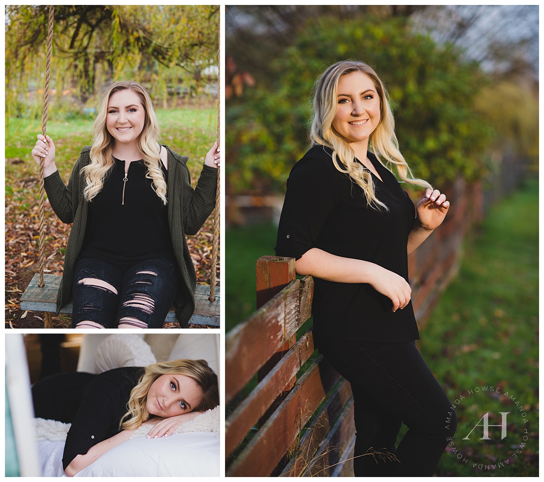 Fun Senior Portraits with Rustic Fence and Tree Swing | Photographed by Tacoma Senior Photographer Amanda Howse