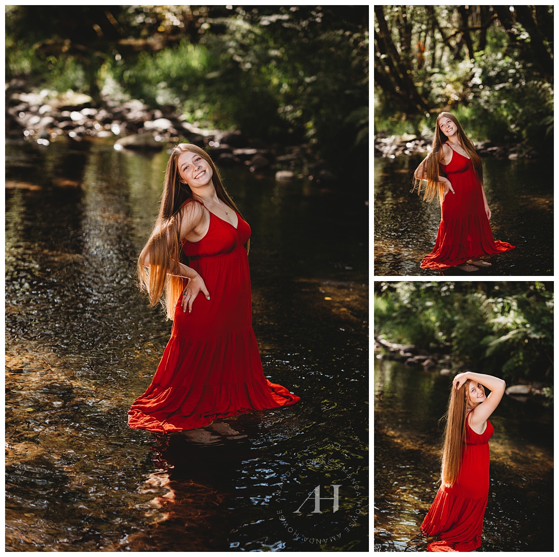High School Senior Wearing Red Dress in a River | End of Summer Session with Tacoma Photographer Amanda Howse