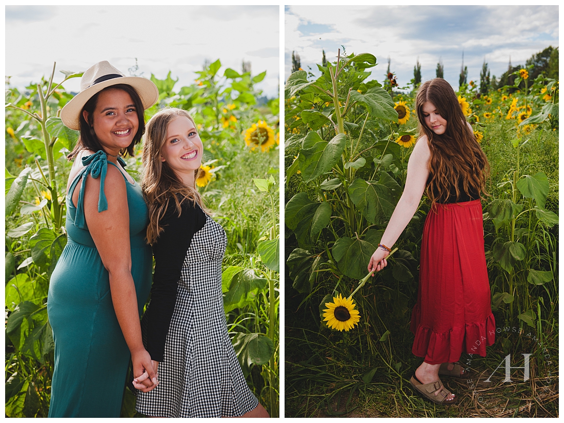 Cute Senior Portraits with Friends in a Sunflower Field | Photographed by Tacoma's Best Senior Photographer Amanda Howse