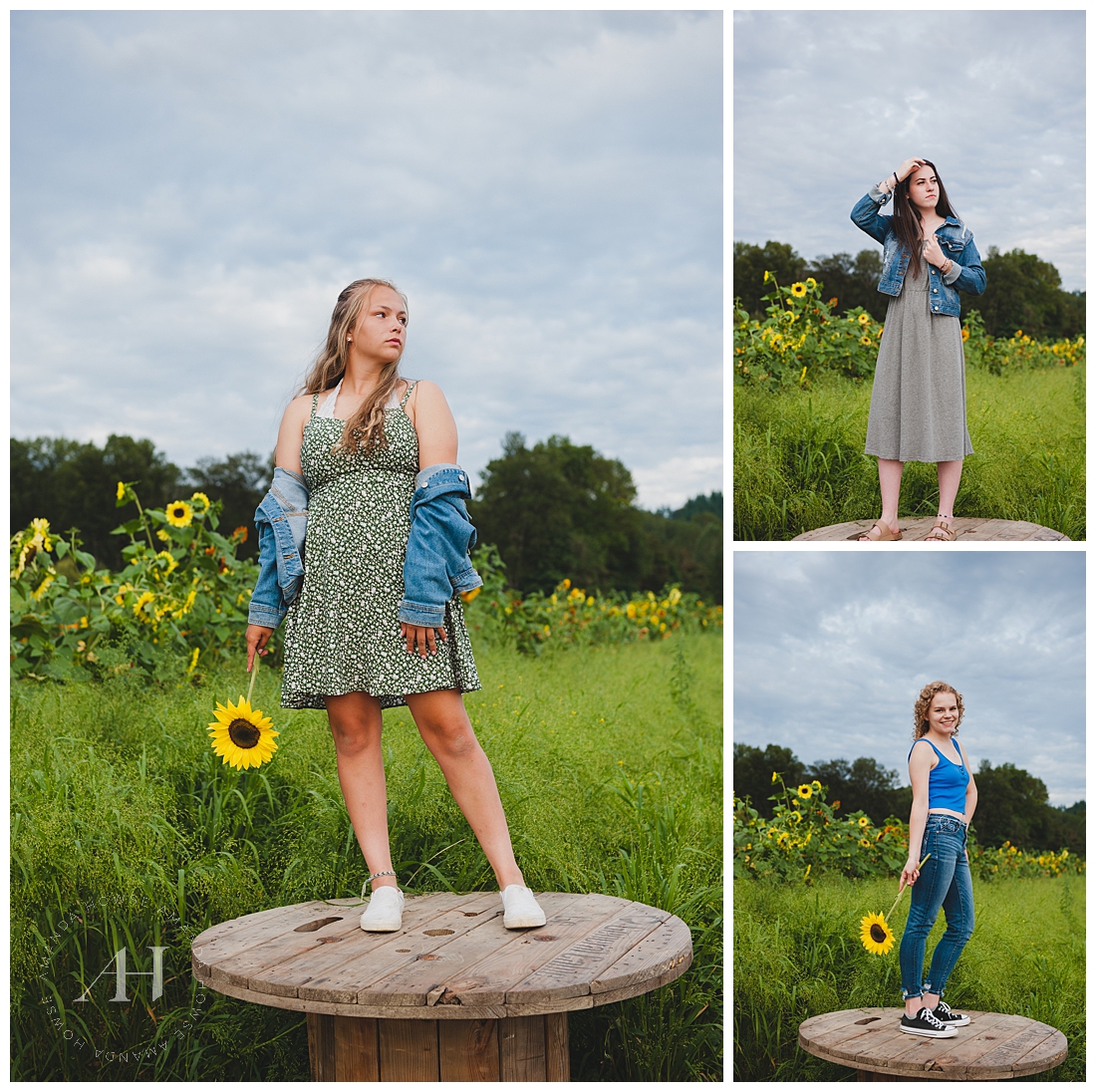 High School Senior Girls Posing on Wooden Wheel in Sunflower Field | Photographed by the Best Tacoma Senior Photographer Amanda Howse