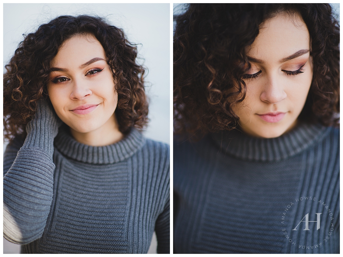 Glam Hair and Makeup for Senior Portraits | High School Senior Girl in Cozy Grey Sweater | Photographed by Tacoma Senior Photographer Amanda Howse