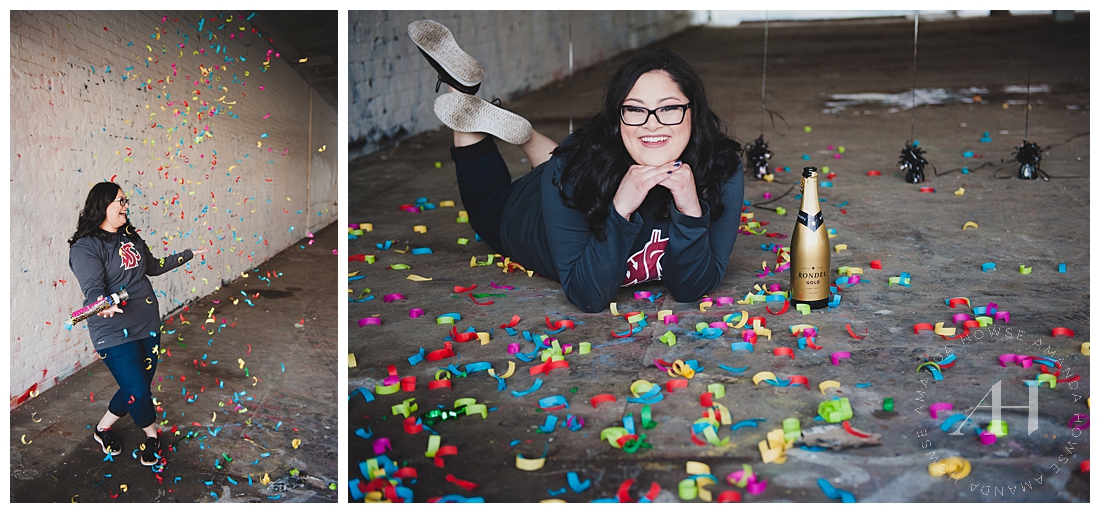 College Senior Portraits with Confetti and Champagne | Photographed by Tacoma Senior Photographer Amanda Howse