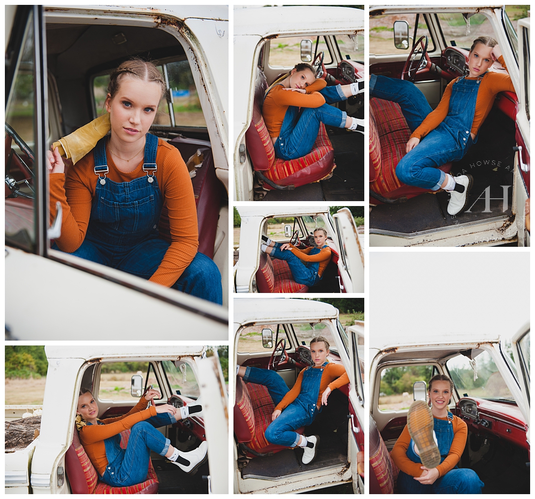 Rustic Senior Portraits | High School Senior Girl in Overalls Posing in Vintage White Truck | Photographed by Tacoma Senior Photographer Amanda Howse