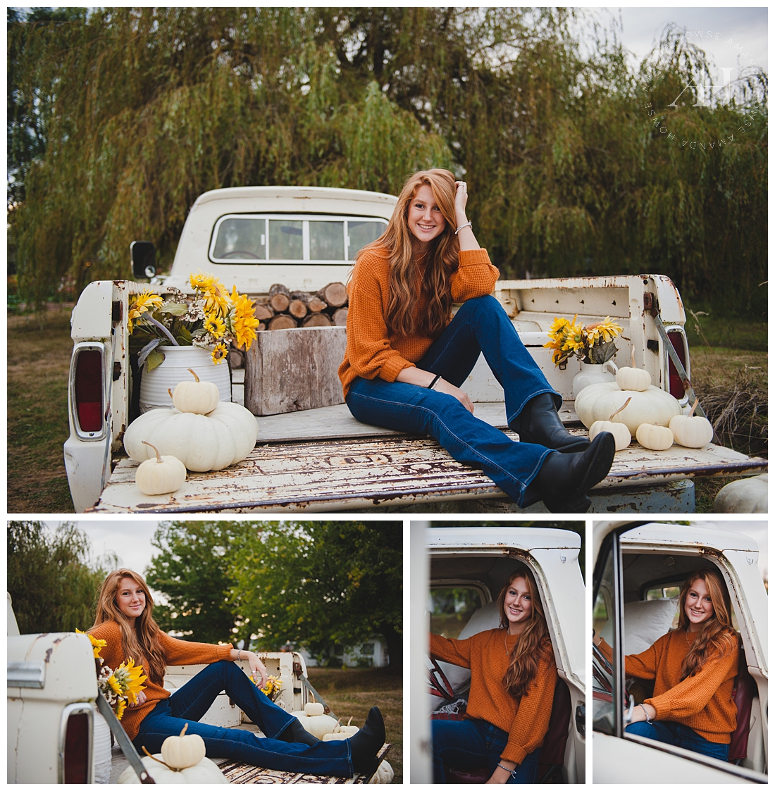 Senior Portraits on a Vintage Truck filled with Flowers, Firewood and Pumpkins 