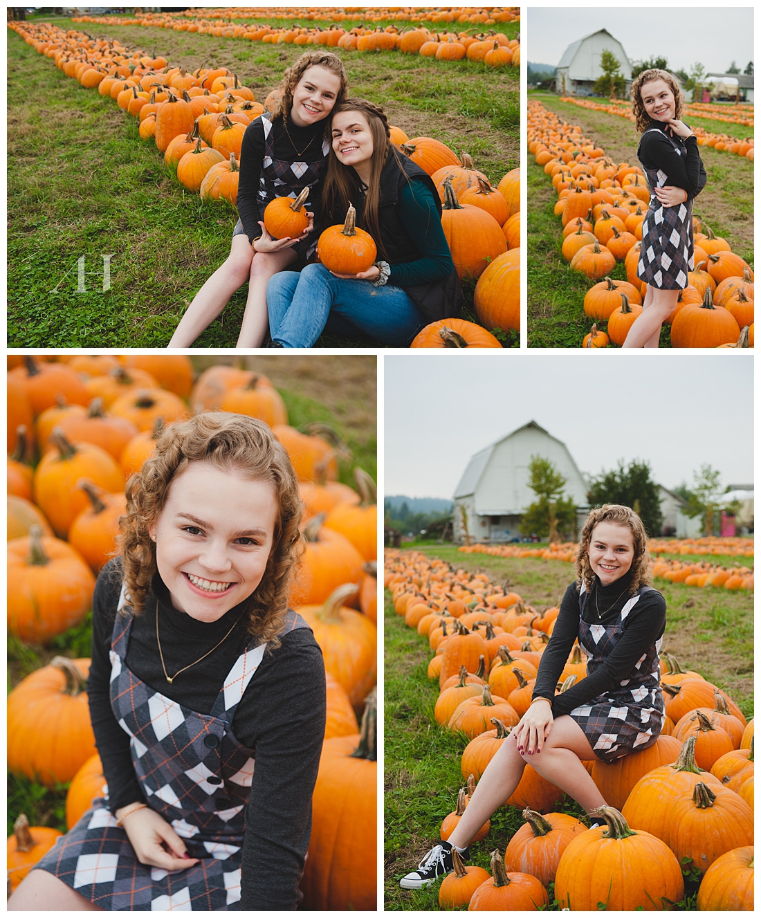High School Senior Girls Posing with Rows of Pumpkins | Photographed by Tacoma Senior Photographer Amanda Howse