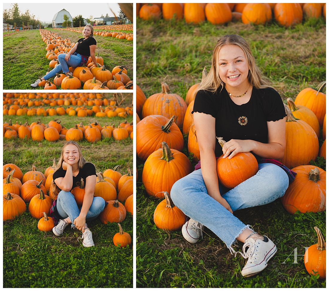 High School Senior Girl with Pumpkins | Candid Pose Ideas, Location Ideas, Rustic Portraits | Photographed by Tacoma Senior Photographer Amanda Howse
