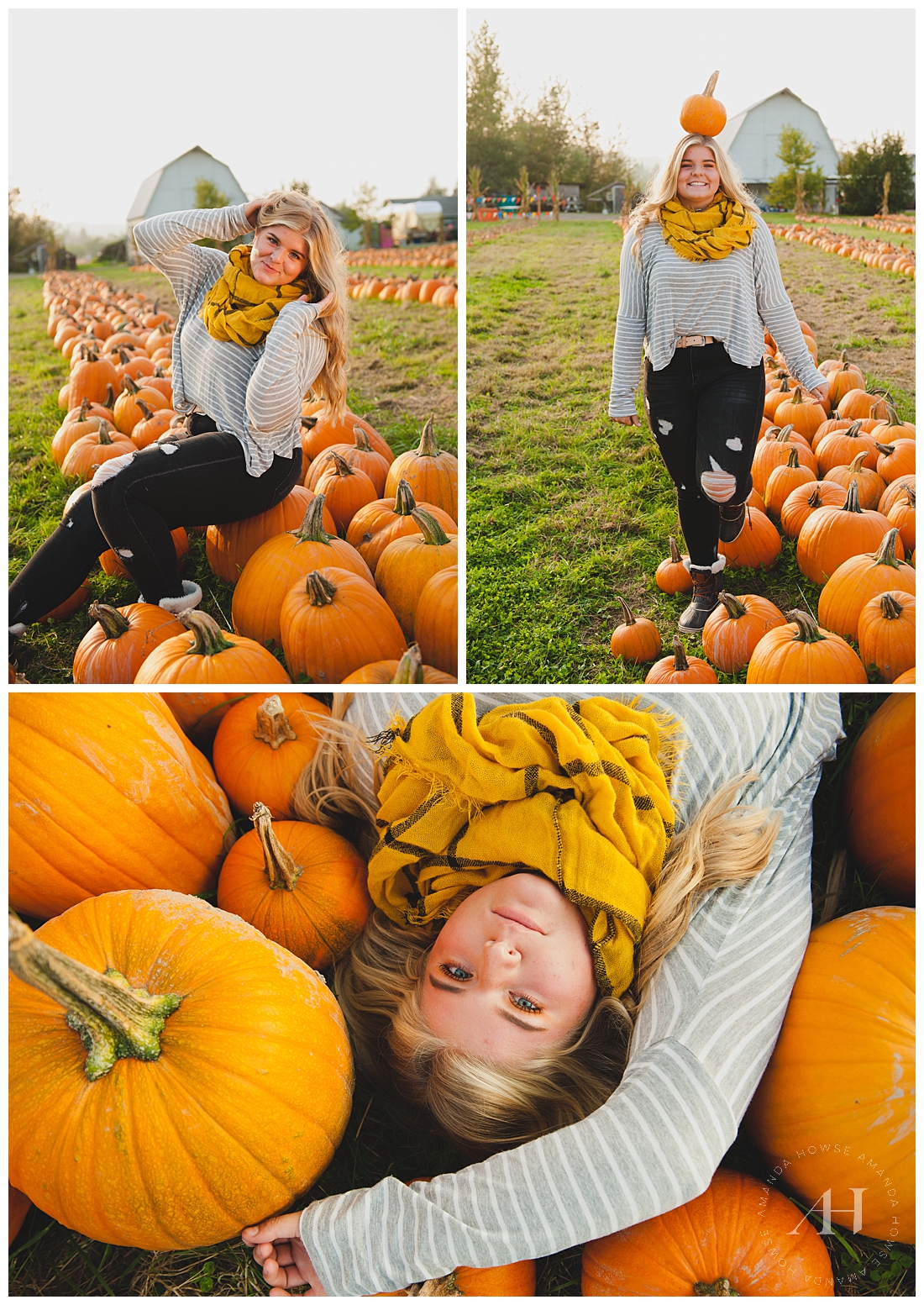 Cozy Fall Portraits with Yellow Scarf, Sweater, and Ripped Jeans | Fall Portrait Outfit Inspo | Photographed by Tacoma Senior Photographer Amanda Howse