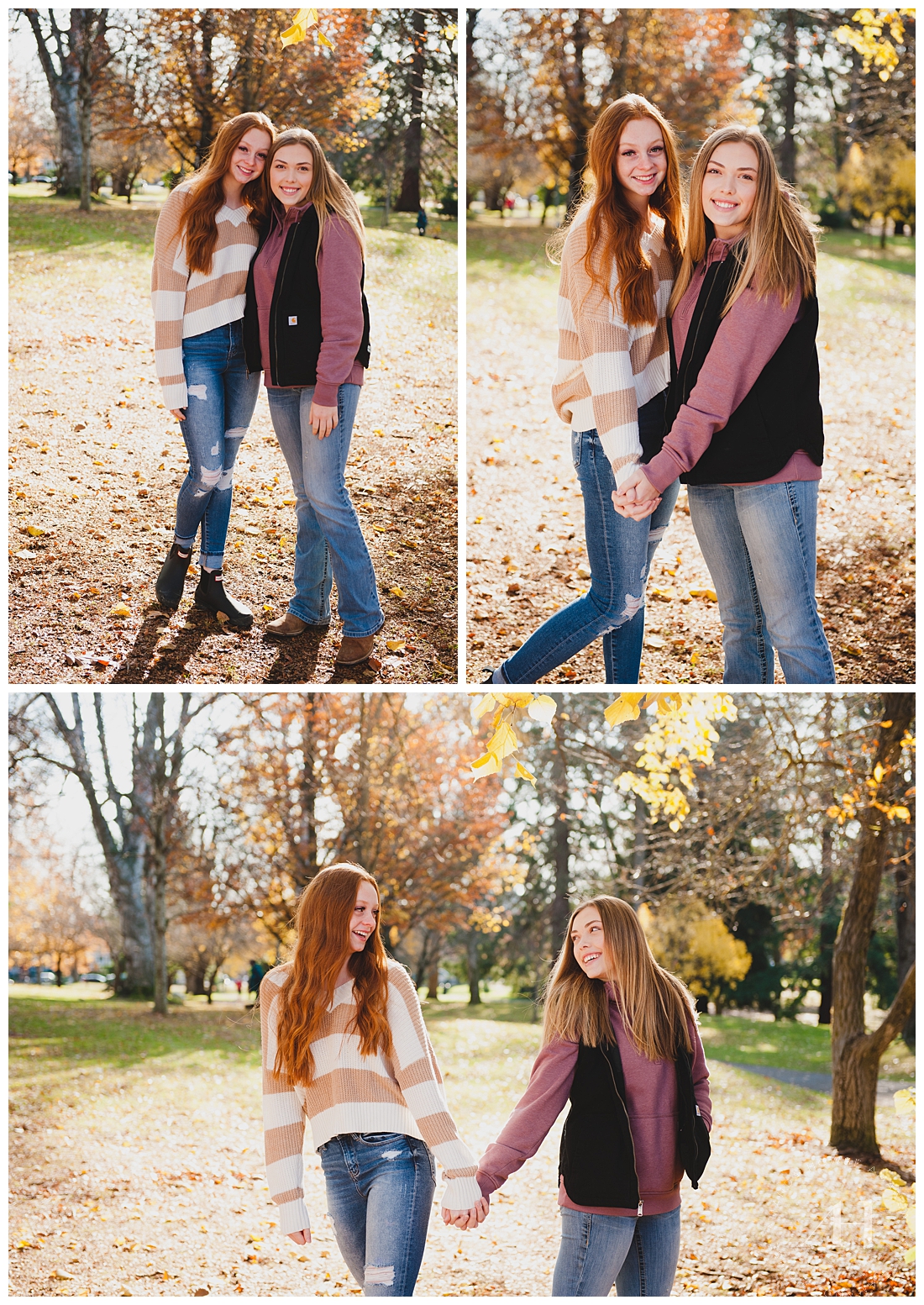 Cute BFF Portraits at Wright Park | Best Spots for Tacoma Senior Portraits, Outdoor Senior Portraits in Tacoma, Fall Leaves, Fall Colors, Outfits for Fall Senior Portraits, How to Layer for Senior Portraits | Photographed by the Best Tacoma Senior Photographer Amanda Howse