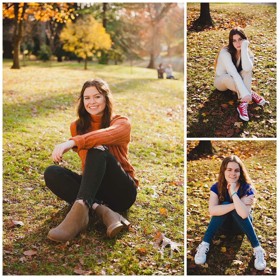 Cute Fall Portraits of Senior Girls | Booties and Sweaters for Senior Portraits, Pose Ideas for Senior Girls, Fall Leaves, Sunlight, Outfit Inspiration | Photographed by the Best Tacoma Senior Photographer Amanda Howse