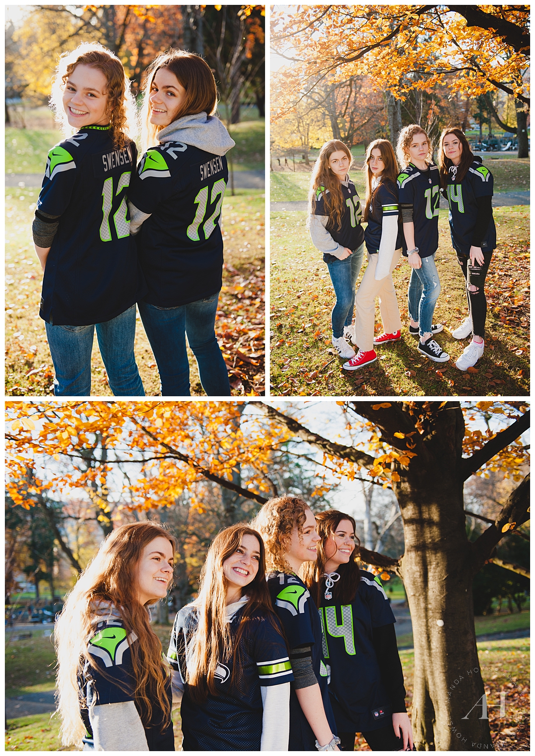 Group Portraits of AHP Model Team in Seahawks Jerseys for Fall Football-Themed Portrait Session | How to Show Team Spirit for Senior Portraits, Athletic Senior Photos, Pose Ideas, Sports Teams, Seattle Seahawks | Photographed by the Best Tacoma Senior Photographer Amanda Howse