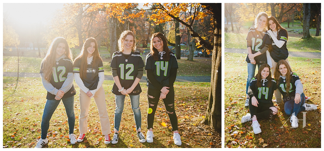 AHP Model Team Girls Posing in Seahawks Gear | Football-Themed Portrait Session, Pose Ideas for Football Portraits, Fall Themed Portraits, AHP Model Team | Photographed by the Best Tacoma Senior Photographer Amanda Howse