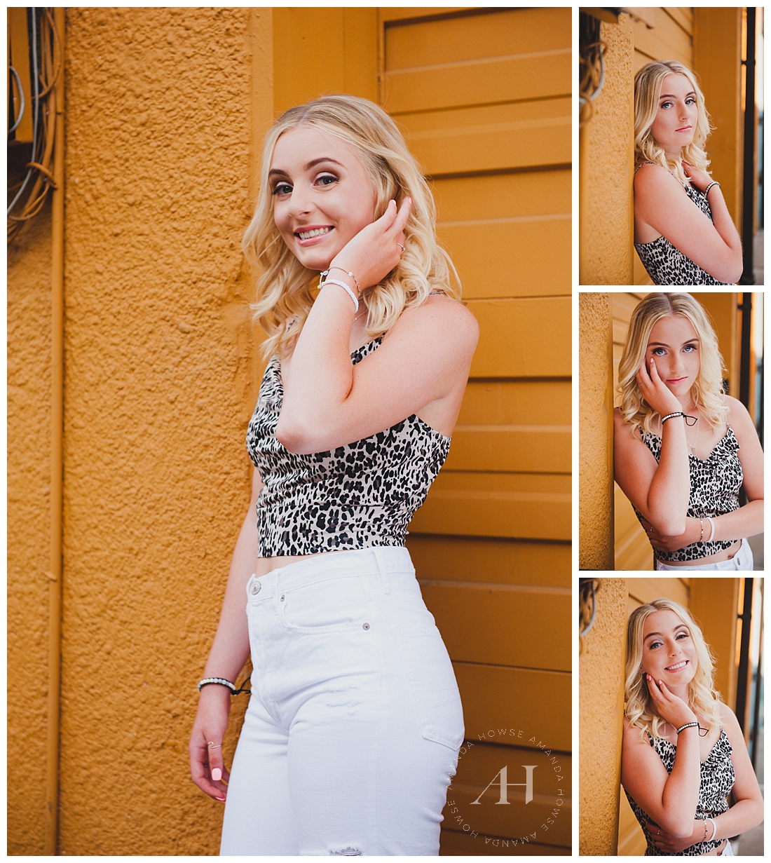 Modern Senior Portraits with Colorful Yellow Wall | Urban Senior Portraits with Fun Outfit Inspiration, Pose Ideas for High School Senior Girls, How to Style a Summer Portrait Session | Photographed by the Best Tacoma Senior Portrait Photographer Amanda Howse