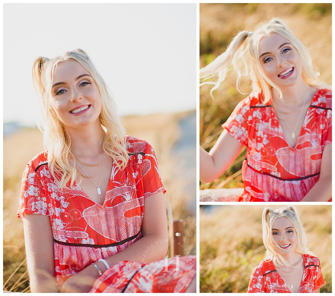 Cute Hairstyles for Senior Portraits | High School Senior Girl in Red Printed Dress in Grassy Field for Outdoor Point Defiance Senior Portraits | Photographed by the Best Tacoma Senior Portrait Photographer Amanda Howse