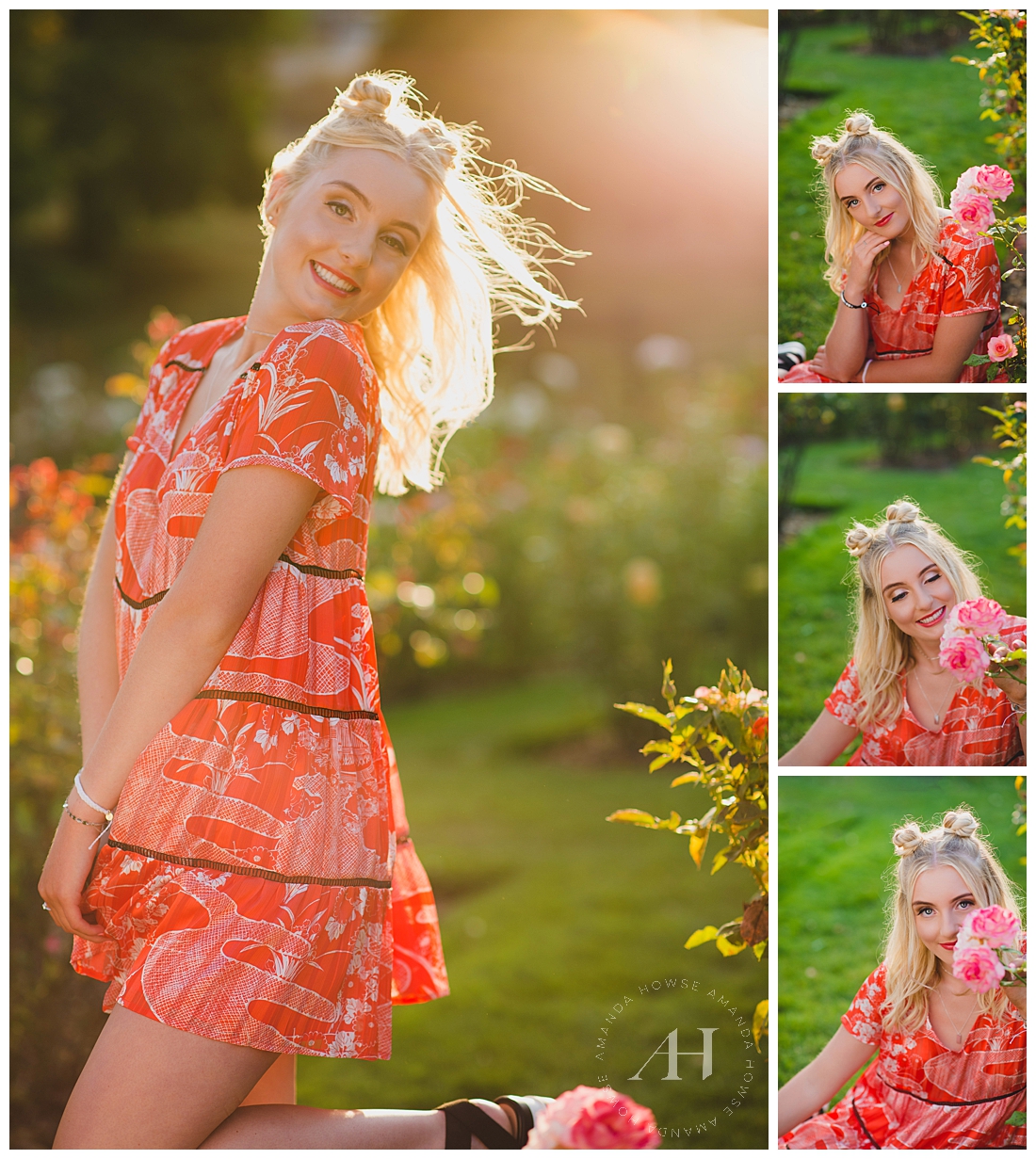 Point Defiance Rose Garden Portraits of High School Senior Girl in a Red Dress | Hairstyle Ideas for Senior Portraits, How to Wear Space Buns for Senior Portraits, Outfit Inspo, Hair and Makeup Ideas, Pose Ideas for Senior Girls | Photographed by the Best Tacoma Senior Portrait Photographer Amanda Howse